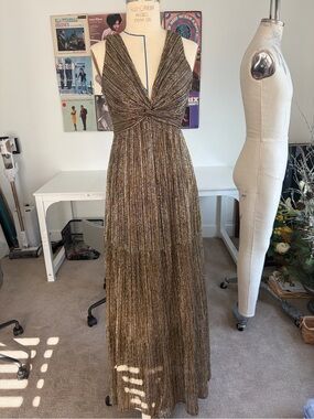 Metallic Gold Pleated Maxi Dress with Twist Front